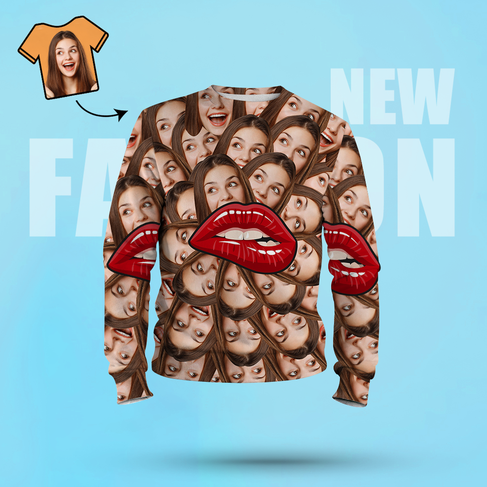 Custom Face Unisex Sweatshirt Casual Printed Photo Long Sleeve Shirt For Men Women - Lips - MyFaceSocksAu