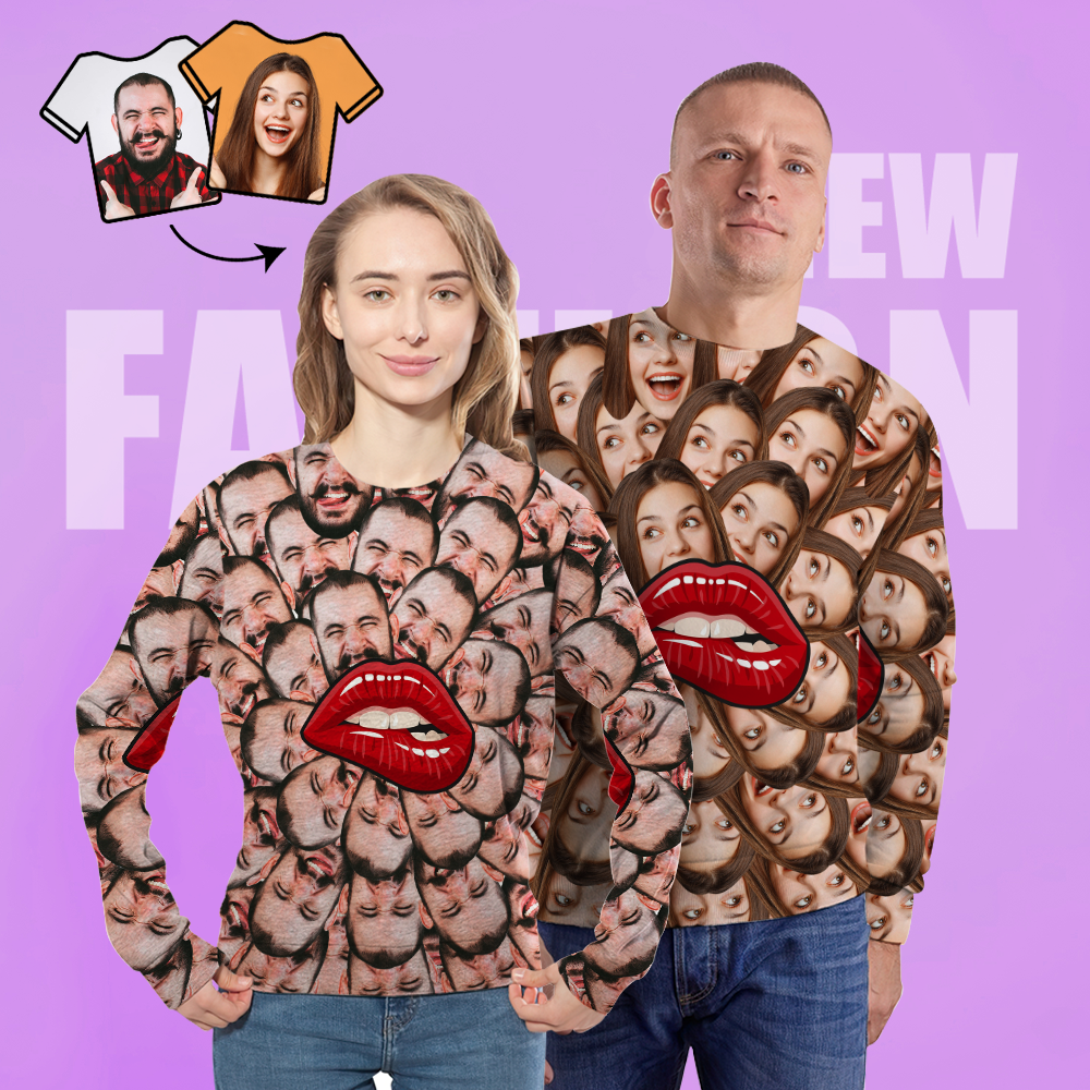 Custom Face Unisex Sweatshirt Casual Printed Photo Long Sleeve Shirt For Men Women - Lips - MyFaceSocksAu