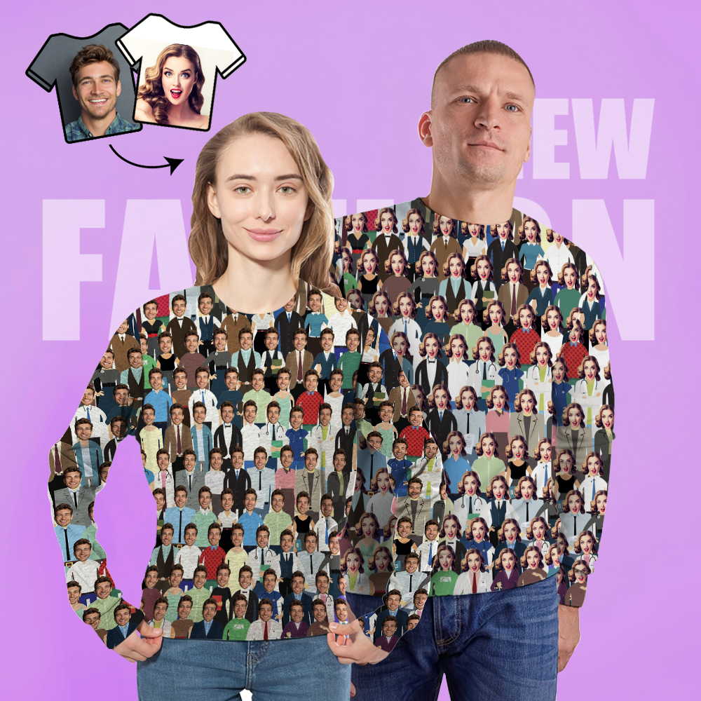 Custom Face Unisex Sweatshirt Casual Printed Photo Crewneck Shirt For Men Women - Crowd - MyFaceSocksAu