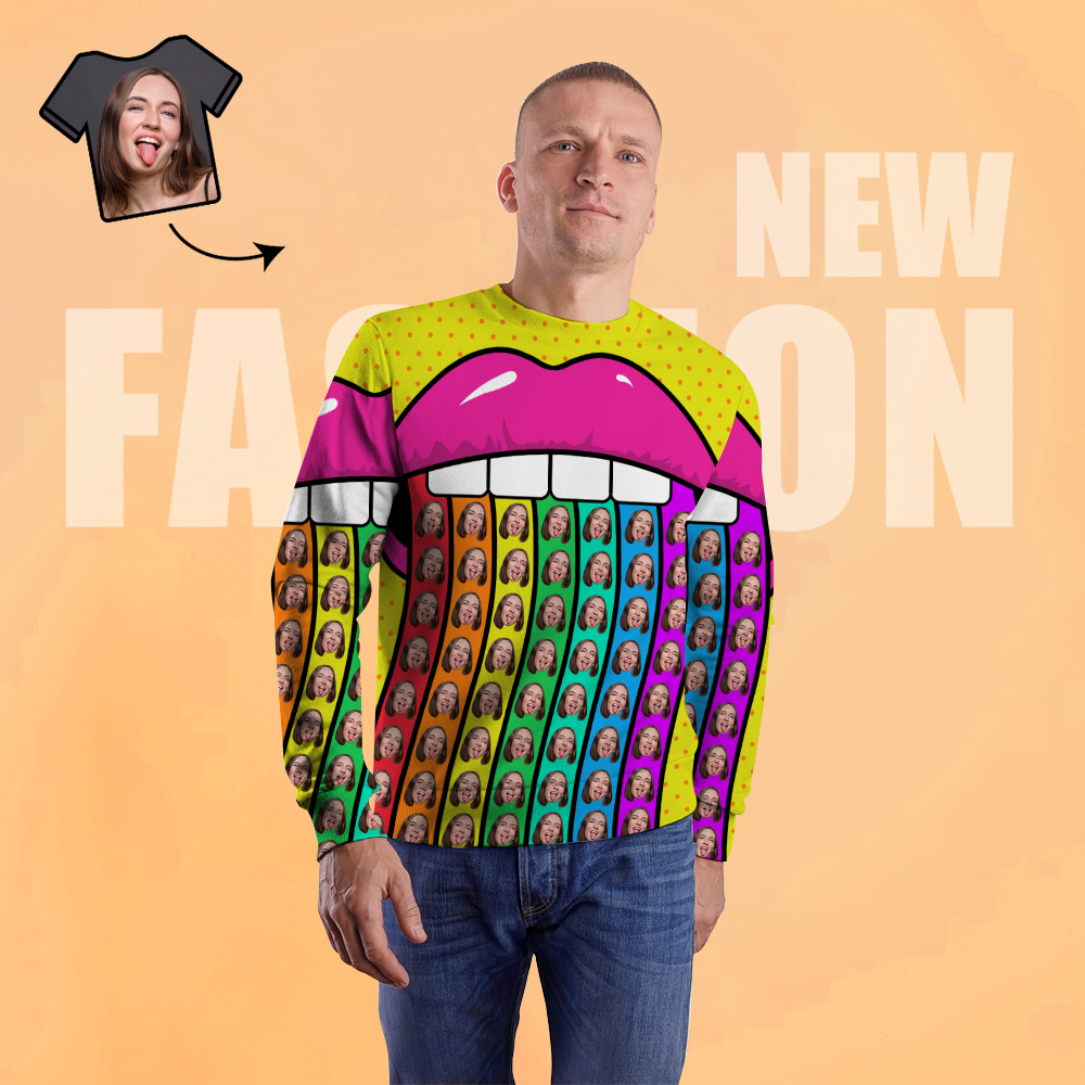 Custom Face Unisex Sweatshirt Casual Printed Photo Crewneck Shirt For Men Women - Rainbow Lips - MyFaceSocksAu