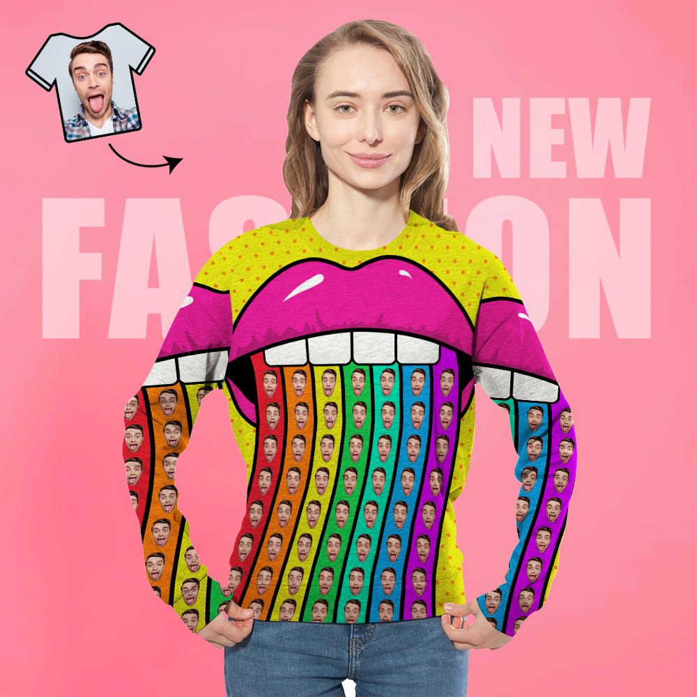 Custom Face Unisex Sweatshirt Casual Printed Photo Crewneck Shirt For Men Women - Rainbow Lips - MyFaceSocksAu