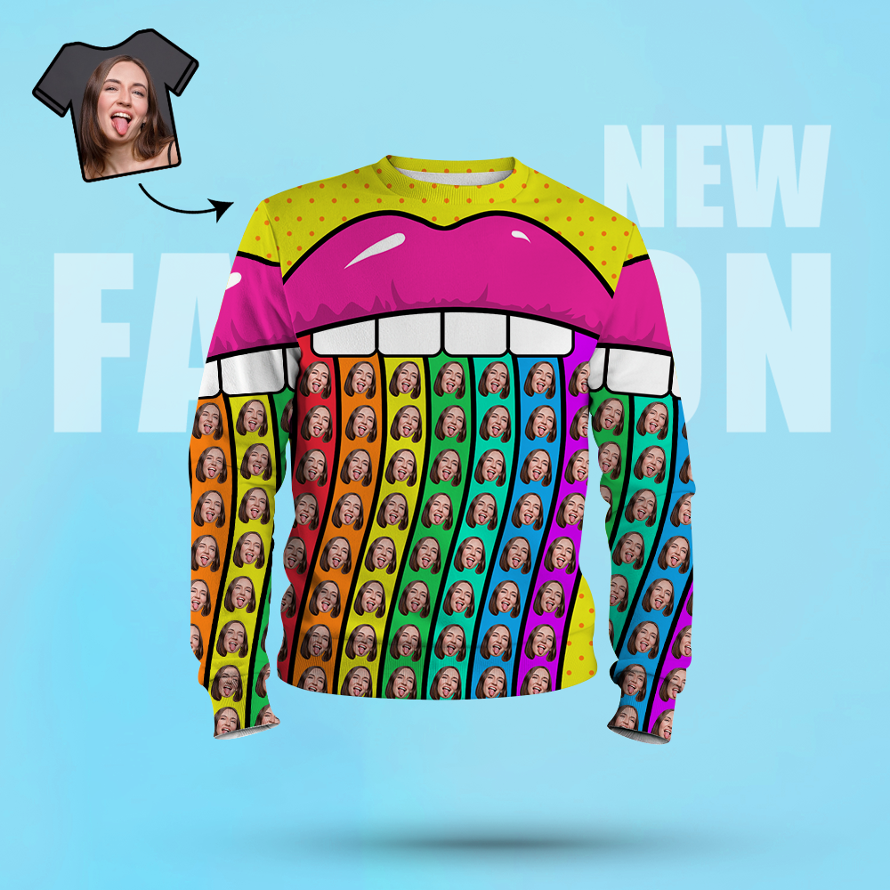 Custom Face Unisex Sweatshirt Casual Printed Photo Crewneck Shirt For Men Women - Rainbow Lips - MyFaceSocksAu