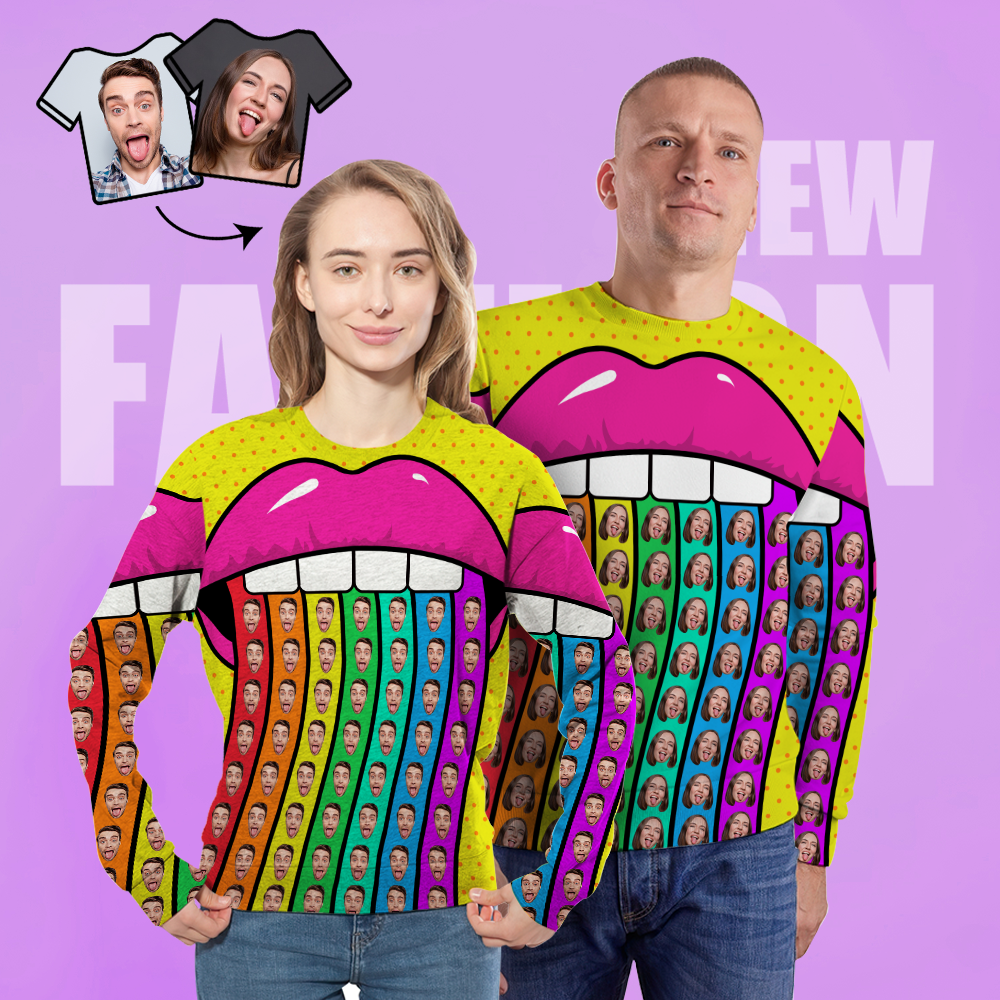 Custom Face Unisex Sweatshirt Casual Printed Photo Crewneck Shirt For Men Women - Rainbow Lips - MyFaceSocksAu