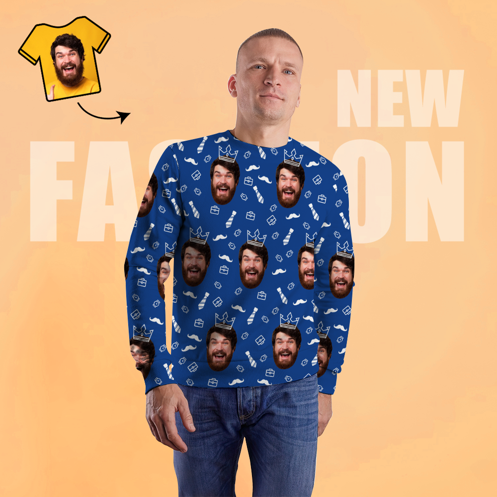 Custom Face Unisex Sweatshirt Casual Printed Photo Blue Crewneck Shirt For Men Women - Happy Father - MyFaceSocksAu