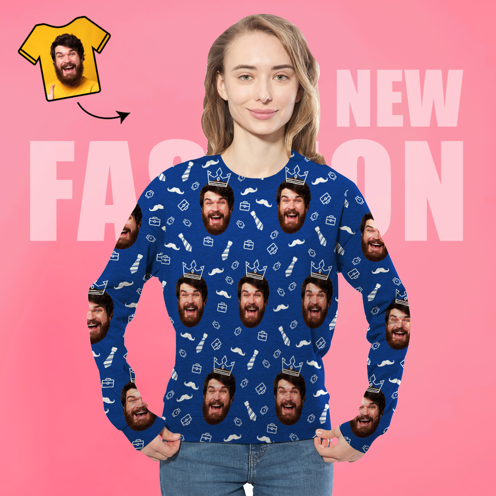 Custom Face Unisex Sweatshirt Casual Printed Photo Blue Crewneck Shirt For Men Women - Happy Father - MyFaceSocksAu