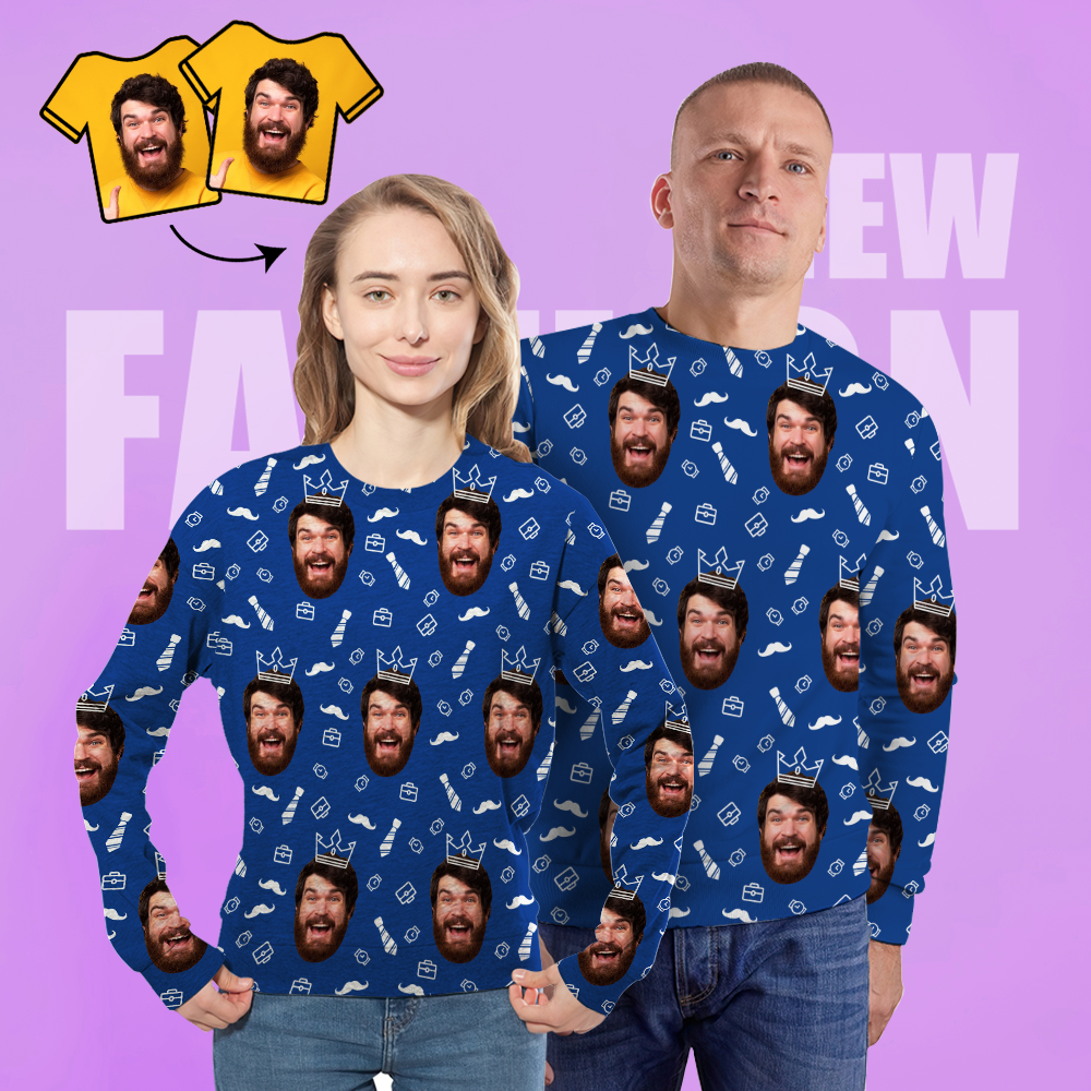 Custom Face Unisex Sweatshirt Casual Printed Photo Blue Crewneck Shirt For Men Women - Happy Father - MyFaceSocksAu