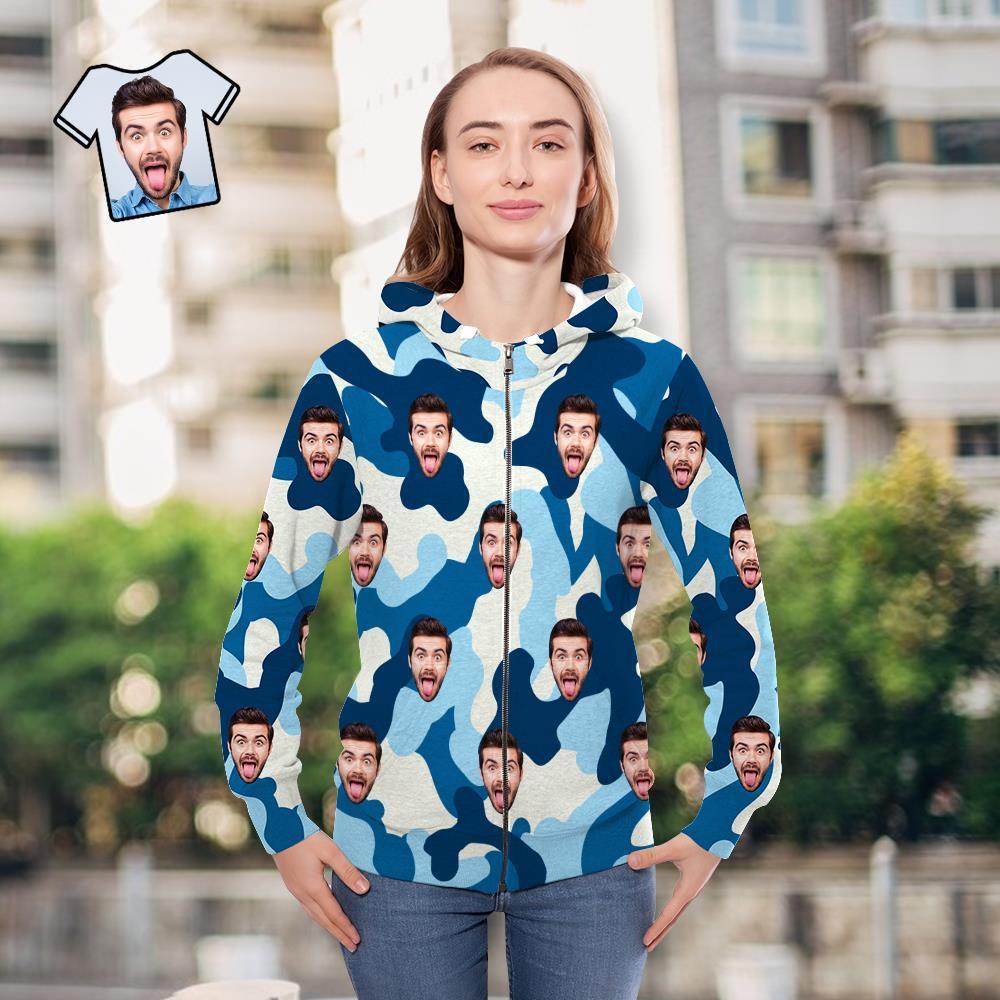 Custom Face Unisex Hoodie Casual Printed Royal Blue Camouflage - MyFaceSocksAu