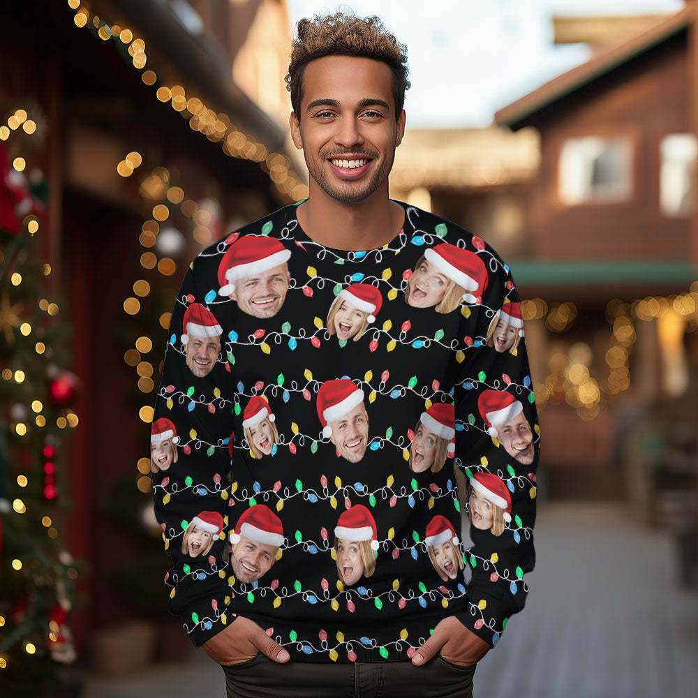 Custom Face Round Neck Hoodie Personalized Photo Christmas Family Xmas Leds Unisex Hoodies - MyFaceSocksAu