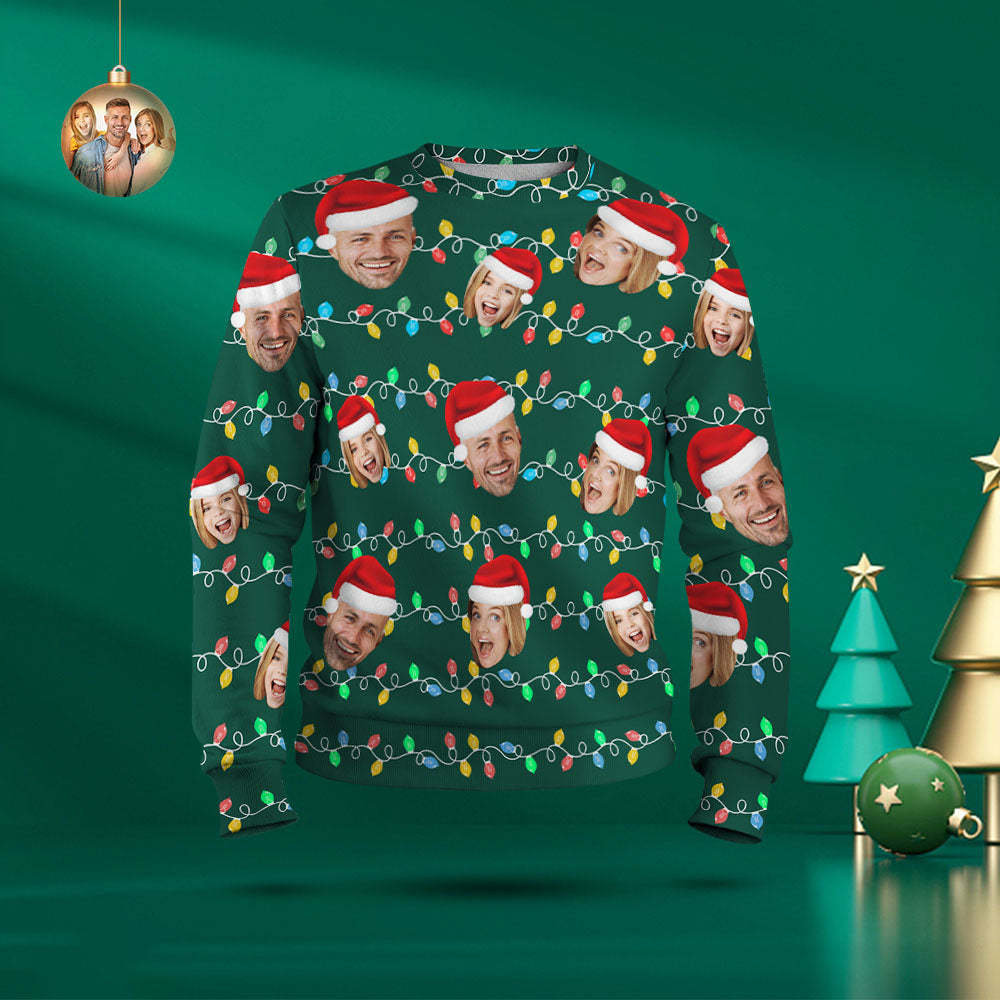 Custom Face Round Neck Hoodie Personalized Photo Christmas Family Xmas Leds Unisex Hoodies - MyFaceSocksAu