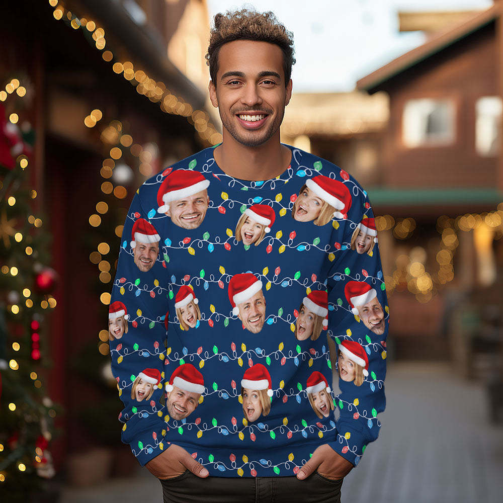 Custom Face Round Neck Hoodie Personalized Photo Christmas Family Xmas Leds Unisex Hoodies - MyFaceSocksAu