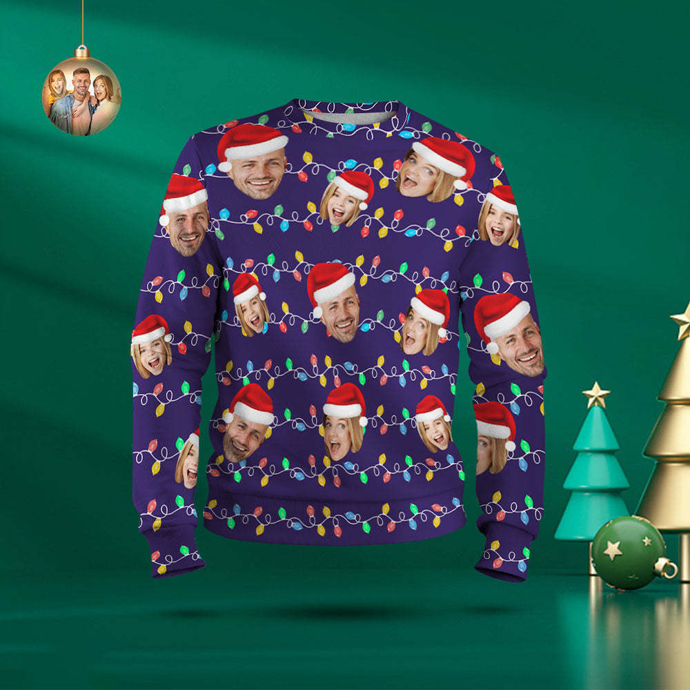 Custom Face Round Neck Hoodie Personalized Photo Christmas Family Xmas Leds Unisex Hoodies - MyFaceSocksAu