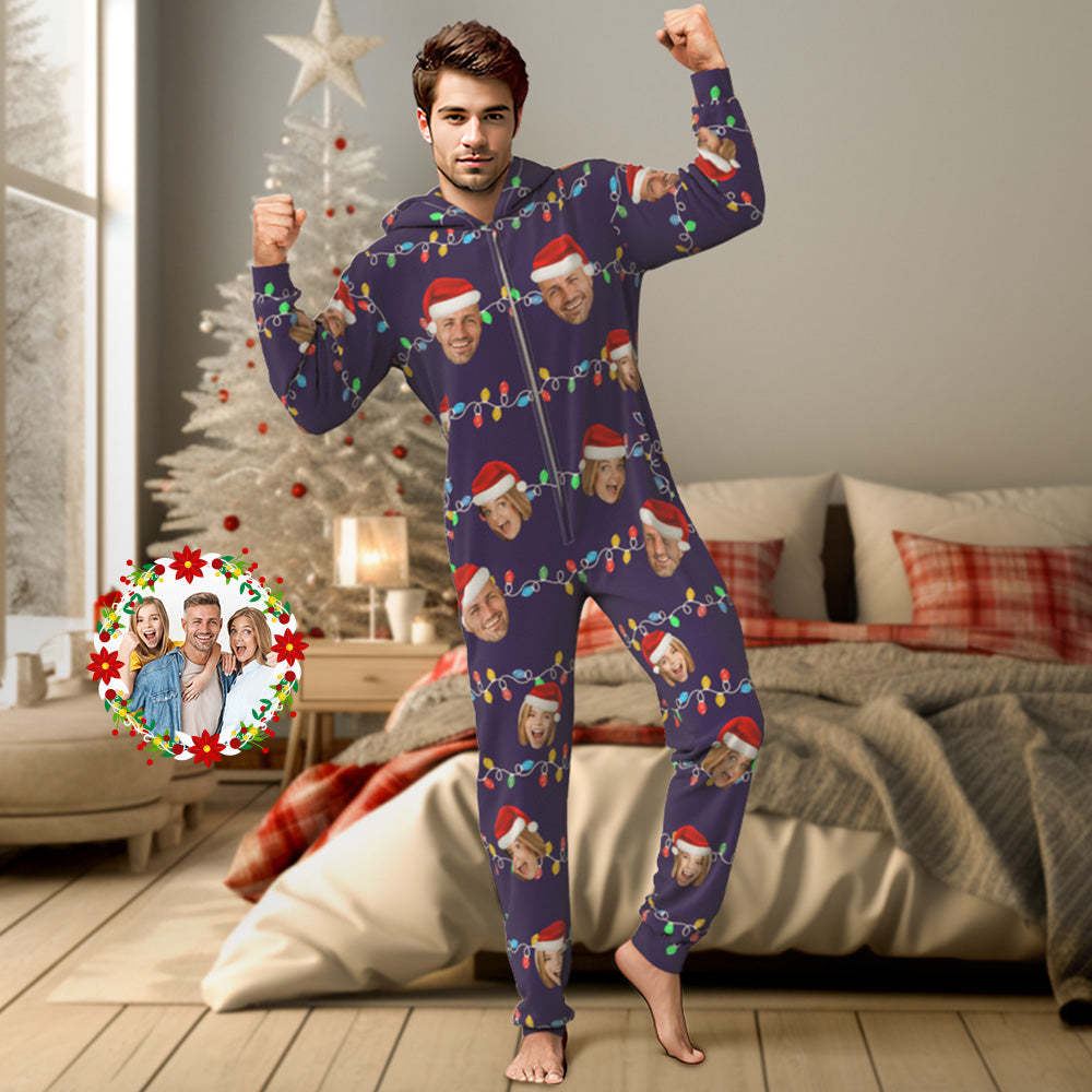 Custom Onesies Photo Xmas Leds Pajamas One-Piece Sleepwear Family Pyjamas Christmas Gift - MyFaceSocksAu