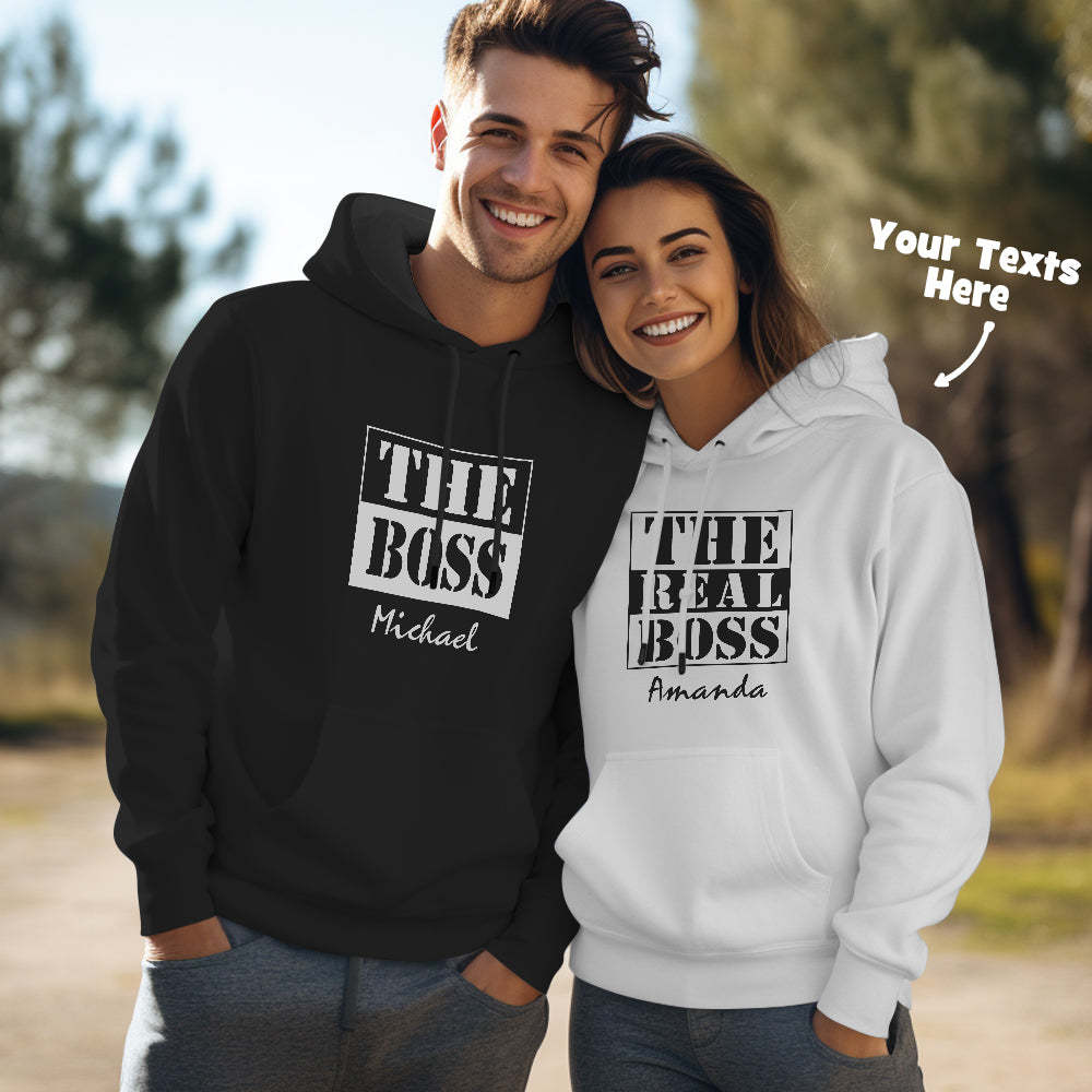 Custom Text Couple Matching Hoodies THE REAL BOSS Personalized Hoodie Valentine's Day Gift - MyFaceSocksAu