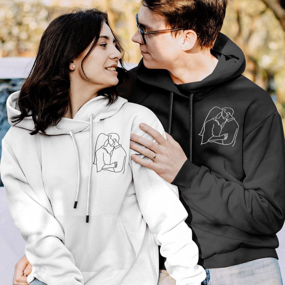 Custom Embroidered Pocket Portrait From Photo Outline Photo Sweatshirt Personalised Photo Couple Hoodie Gift For Bf - MyFaceSocksAu