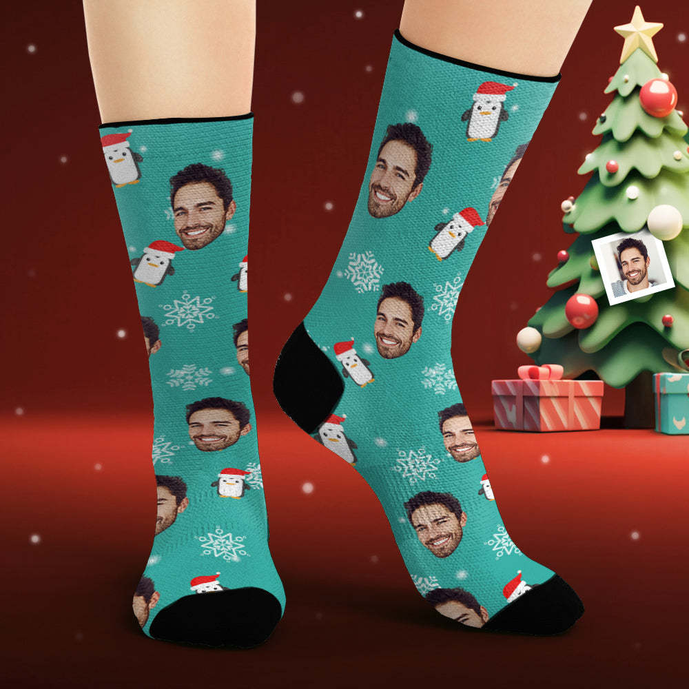 Custom Face Socks Personalised Photo Socks Christmas Penguin - MyFaceSocksAu