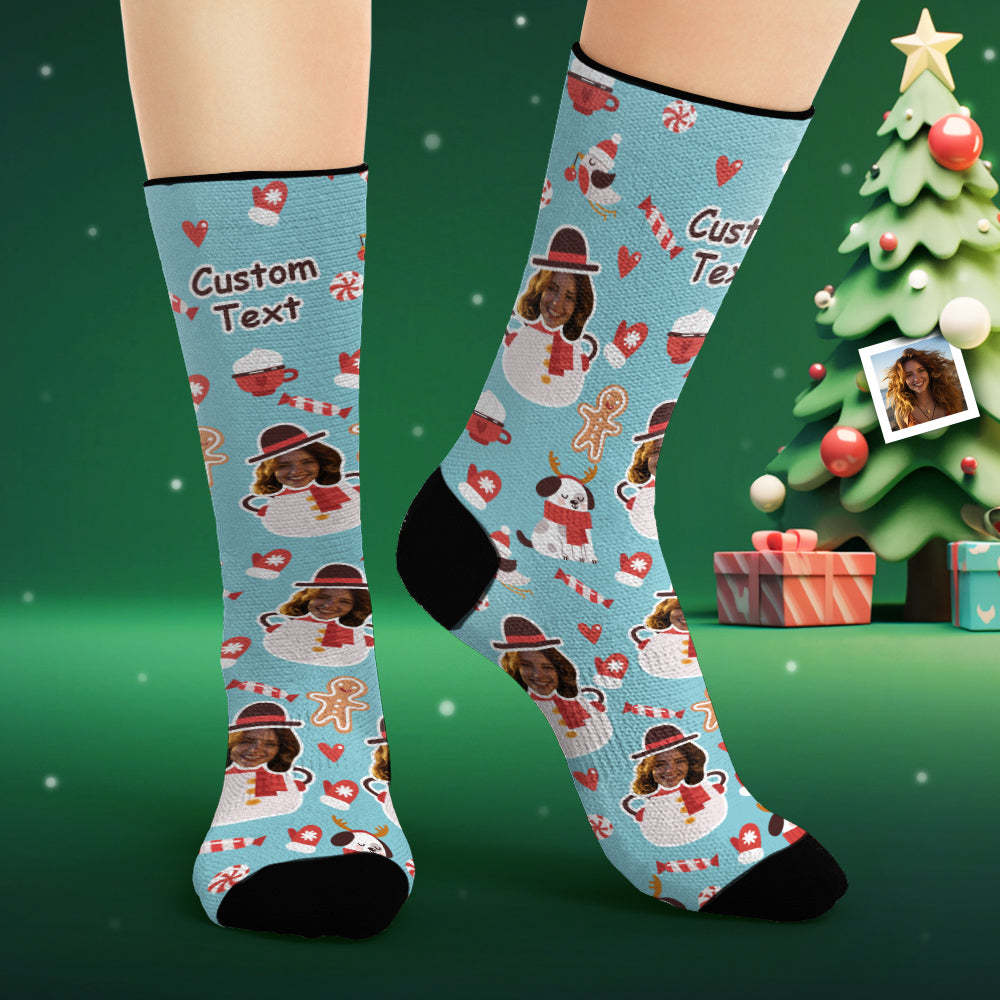 Custom Face Socks Personalised Photo Blue Socks Funny Snowman - MyFaceSocksAu