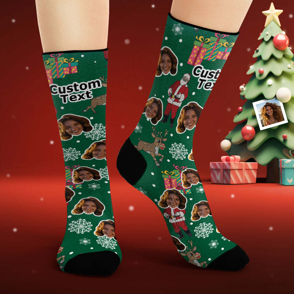 Custom Face Socks Personalised Photo Green Socks Santa Claus and Gifts Merry Christmas - MyFaceSocksAu