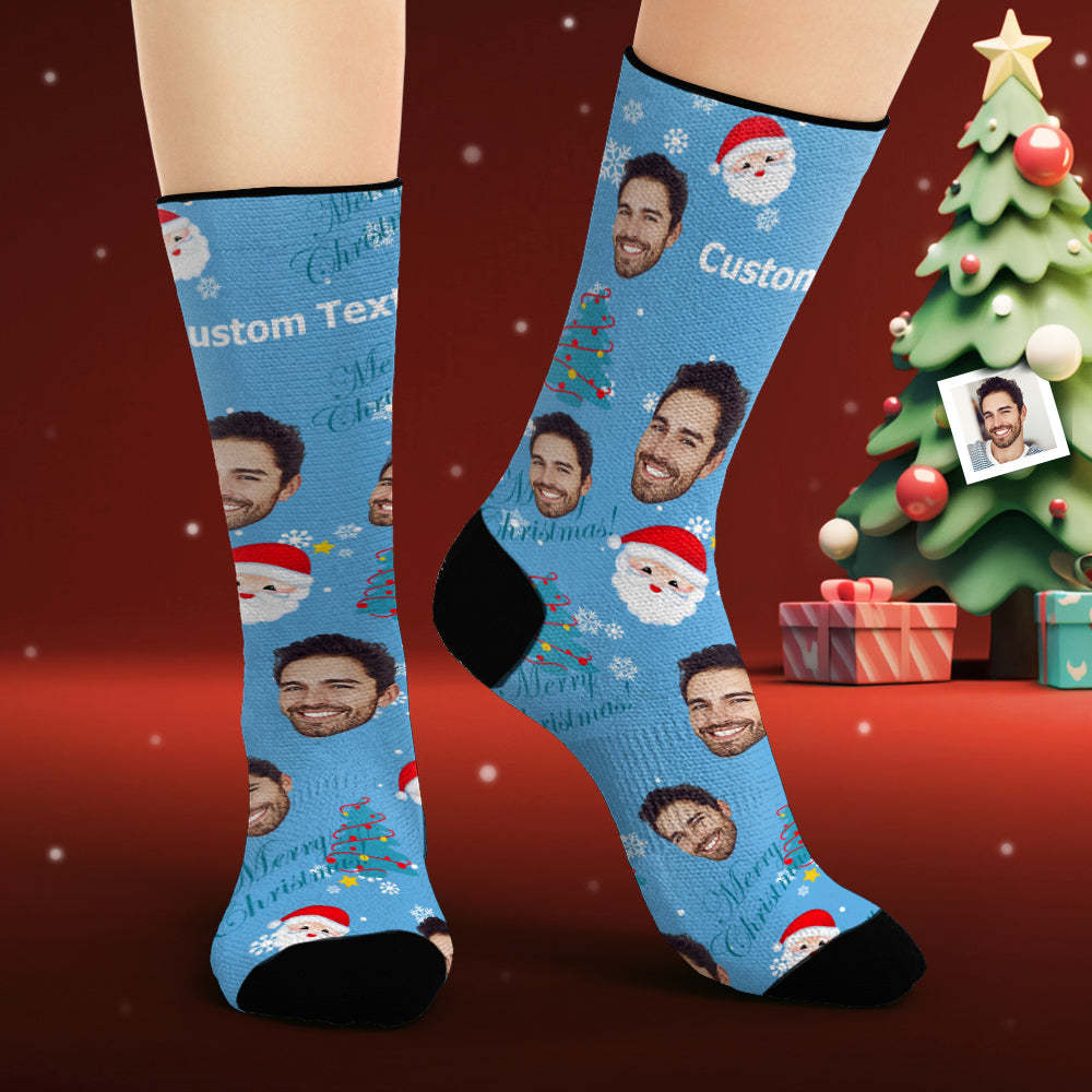 Custom Face Socks Personalised Photo Blue Socks Santa Claus and Elk - MyFaceSocksAu
