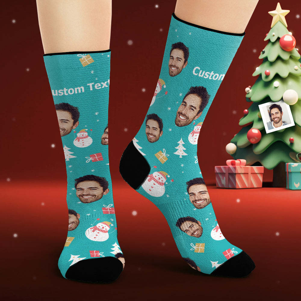 Custom Face Socks Personalised Photo Blue Socks Snowman Merry Christmas - MyFaceSocksAu