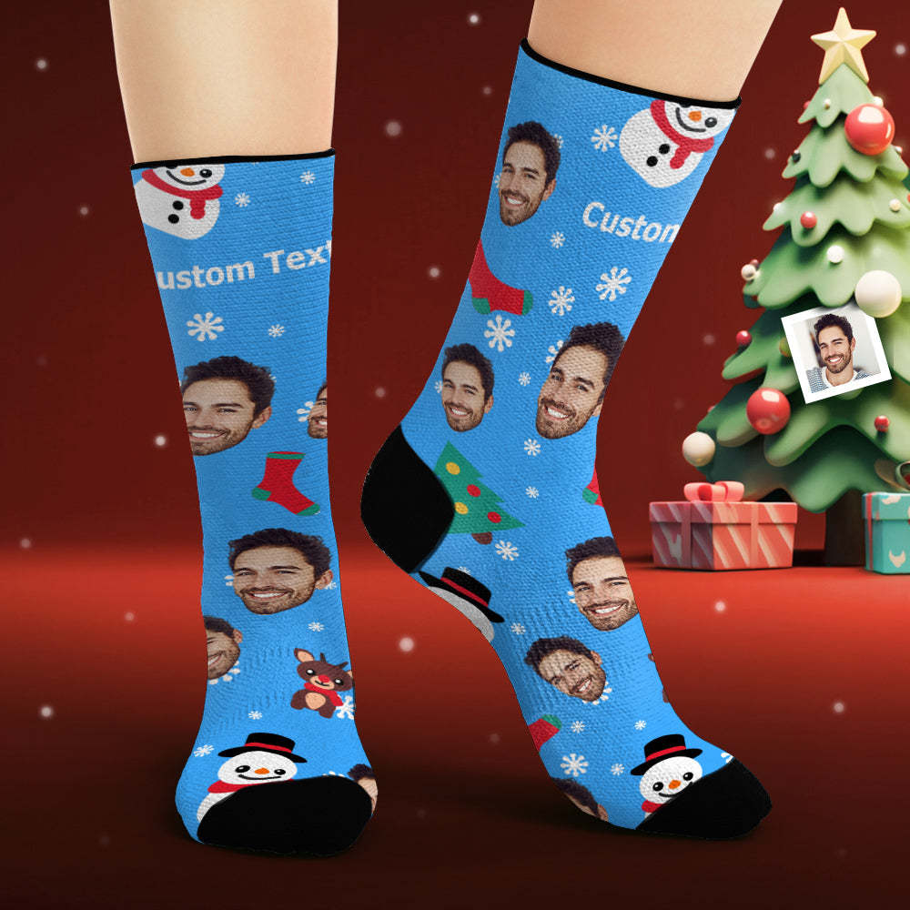 Custom Face Socks Personalised Photo Blue Socks Cartoon Santa Claus and Snowman - MyFaceSocksAu
