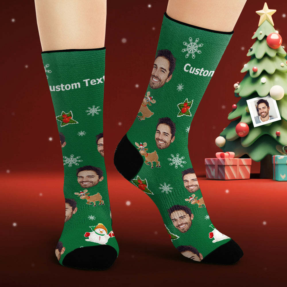 Custom Face Socks Personalised Photo Green Socks Cute Christmas Elements Christmas Gifts - MyFaceSocksAu