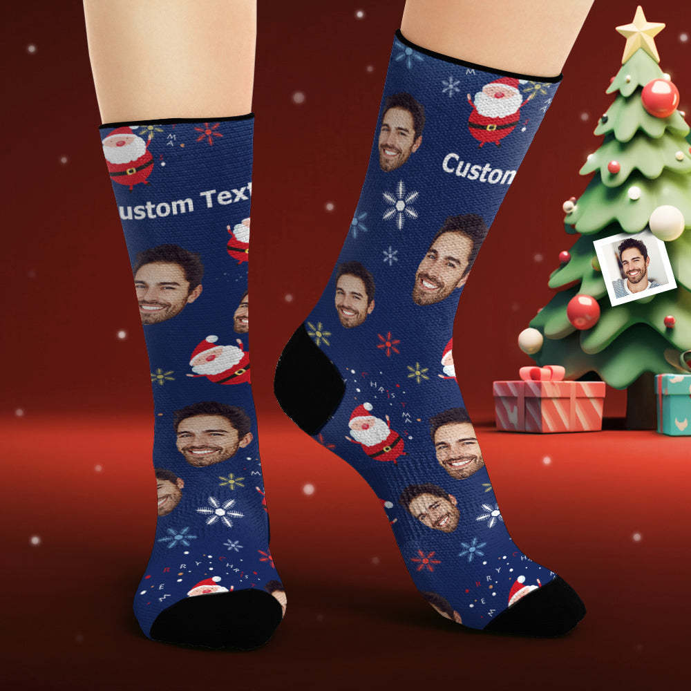 Custom Face Socks Personalised Photo Blue Socks Cute Santa Claus - MyFaceSocksAu