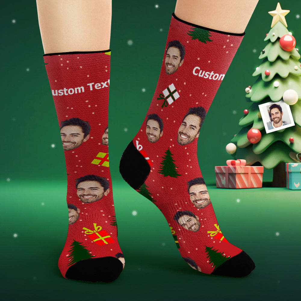 Custom Face Socks Personalised Photo Red Socks Christmas Tree and Gifts - MyFaceSocksAu