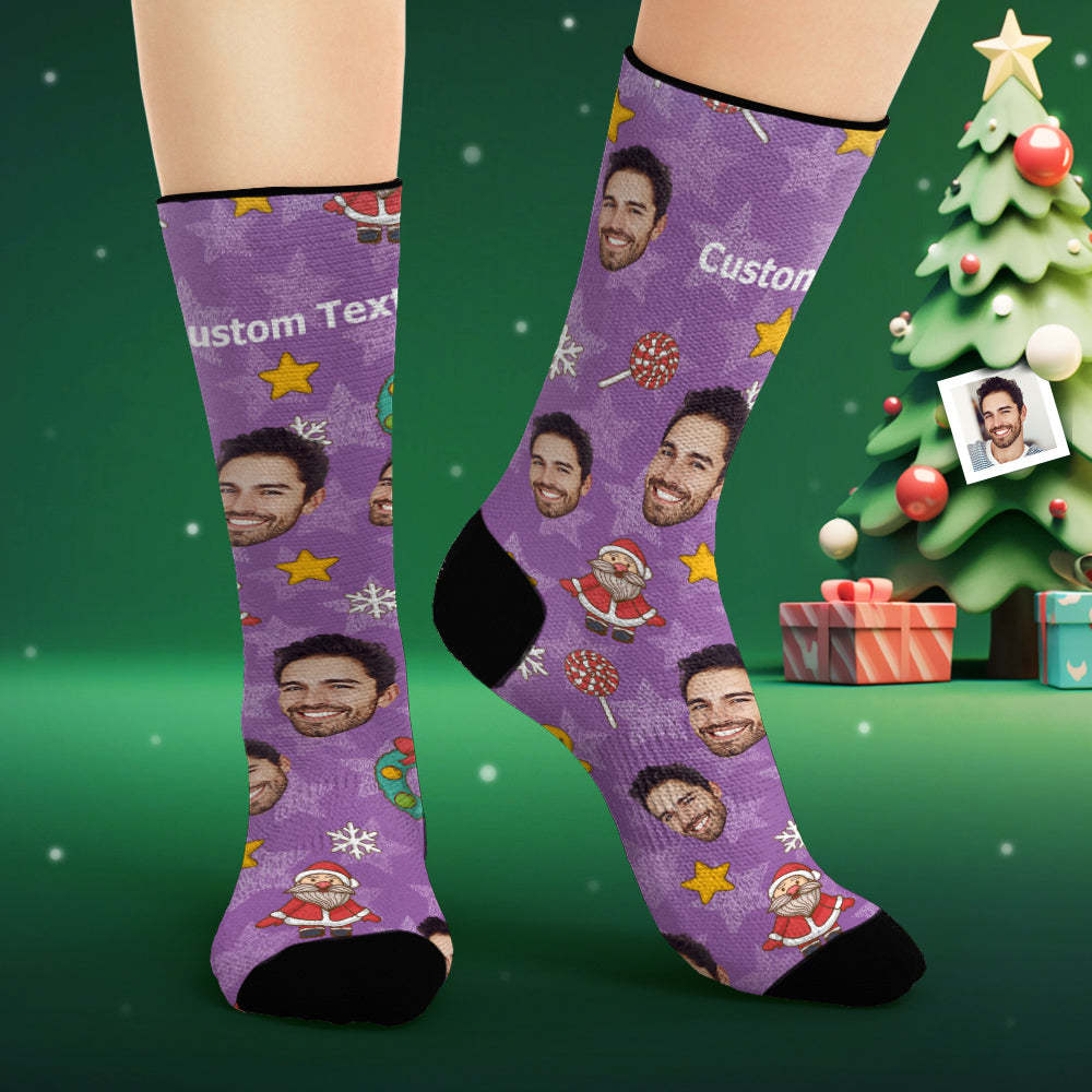 Custom Face Socks Personalised Photo Purple Socks Cartoon Christmas Elements - MyFaceSocksAu