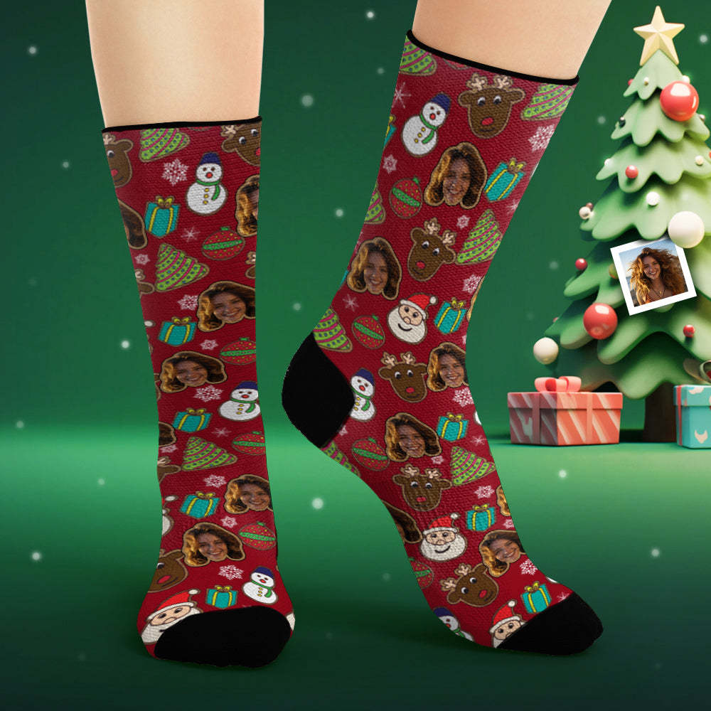 Custom Face Socks Personalised Photo Socks Christmas Cute Snowman and Elk - MyFaceSocksAu