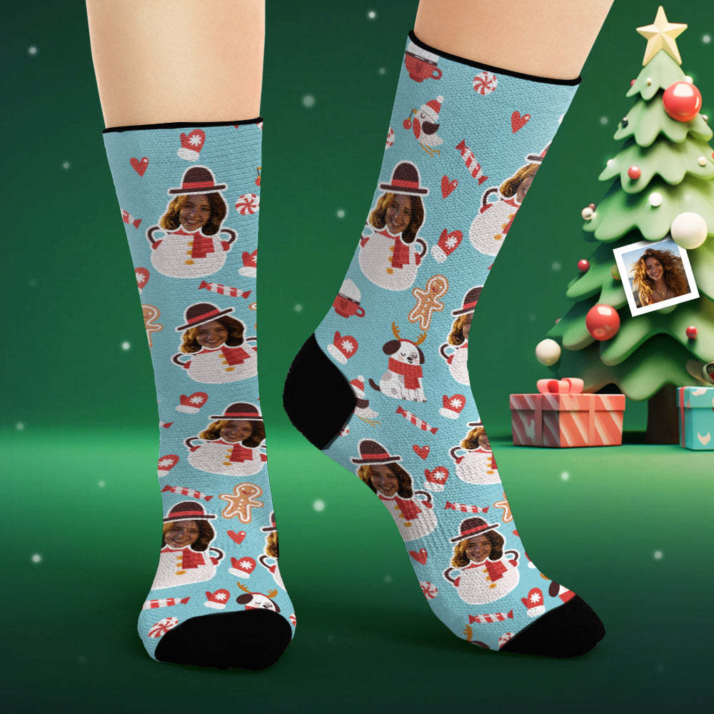 Custom Face Socks Personalised Photo Blue Socks Funny Snowman - MyFaceSocksAu