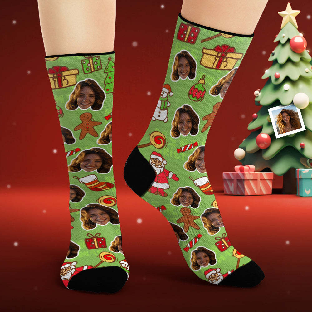Custom Face Socks Personalised Photo Green Socks Christmas Gifts - MyFaceSocksAu
