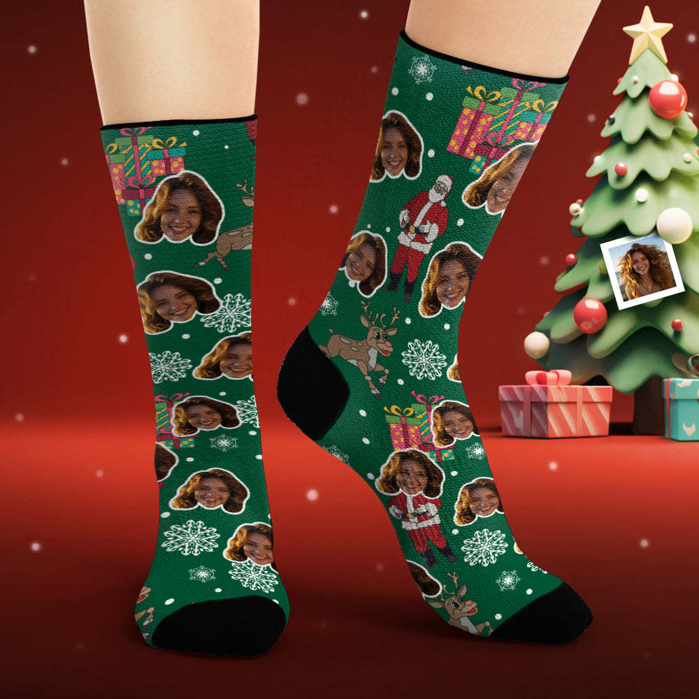 Custom Face Socks Personalised Photo Green Socks Santa Claus and Gifts Merry Christmas - MyFaceSocksAu