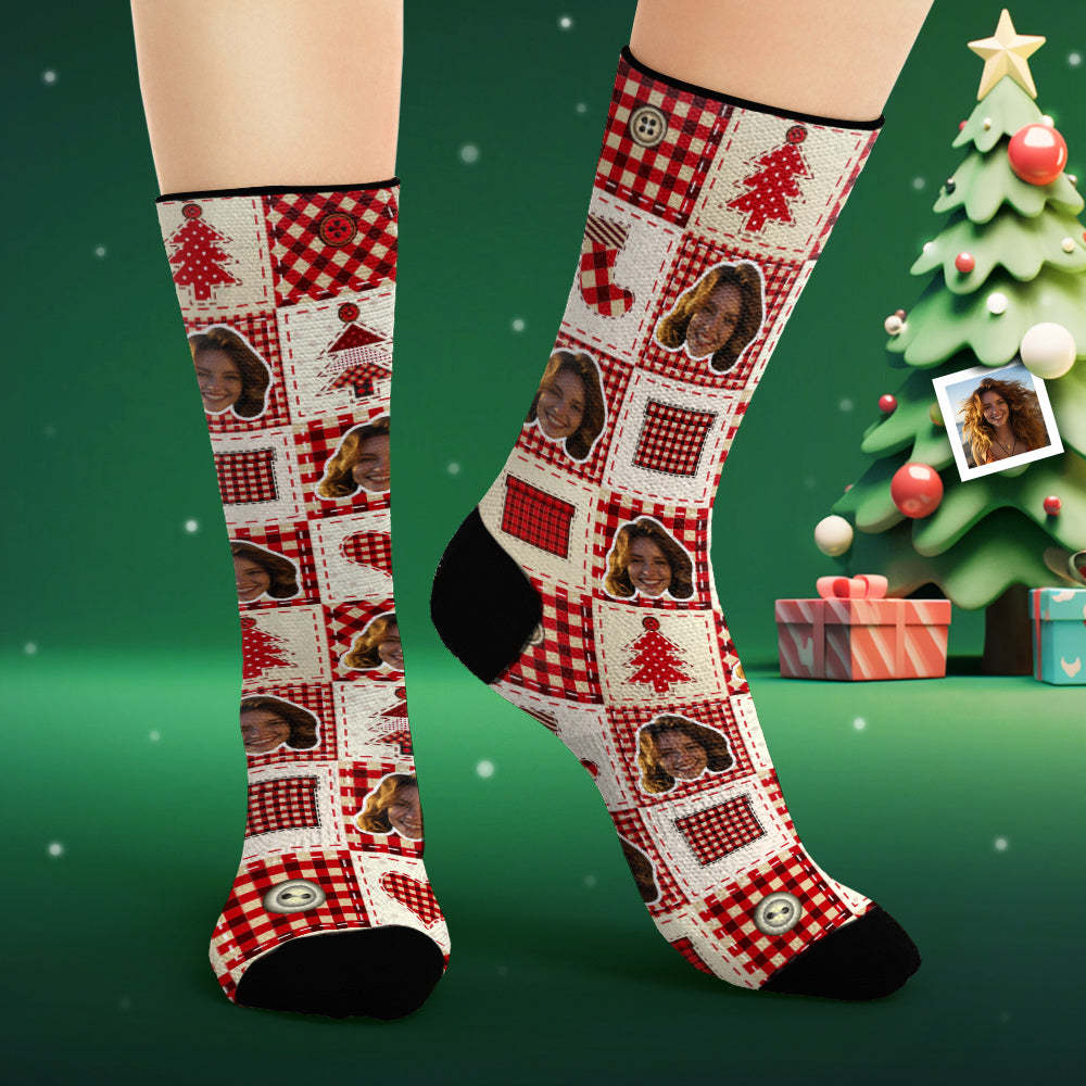 Custom Face Socks Personalised Photo Socks Christmas Plaid Pattern - MyFaceSocksAu