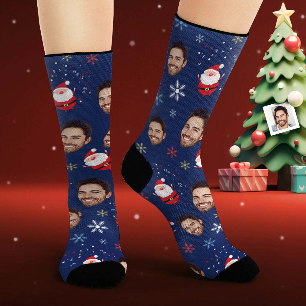 Custom Face Socks Personalised Photo Blue Socks Cute Santa Claus - MyFaceSocksAu