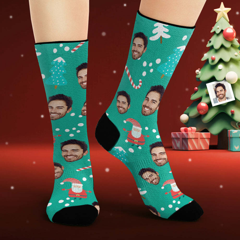 Custom Face Socks Personalised Photo Blue Socks Merry Christmas - MyFaceSocksAu