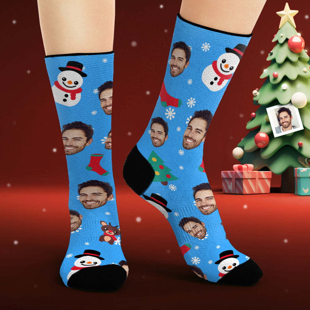 Custom Face Socks Personalised Photo Blue Socks Cartoon Santa Claus and Snowman - MyFaceSocksAu
