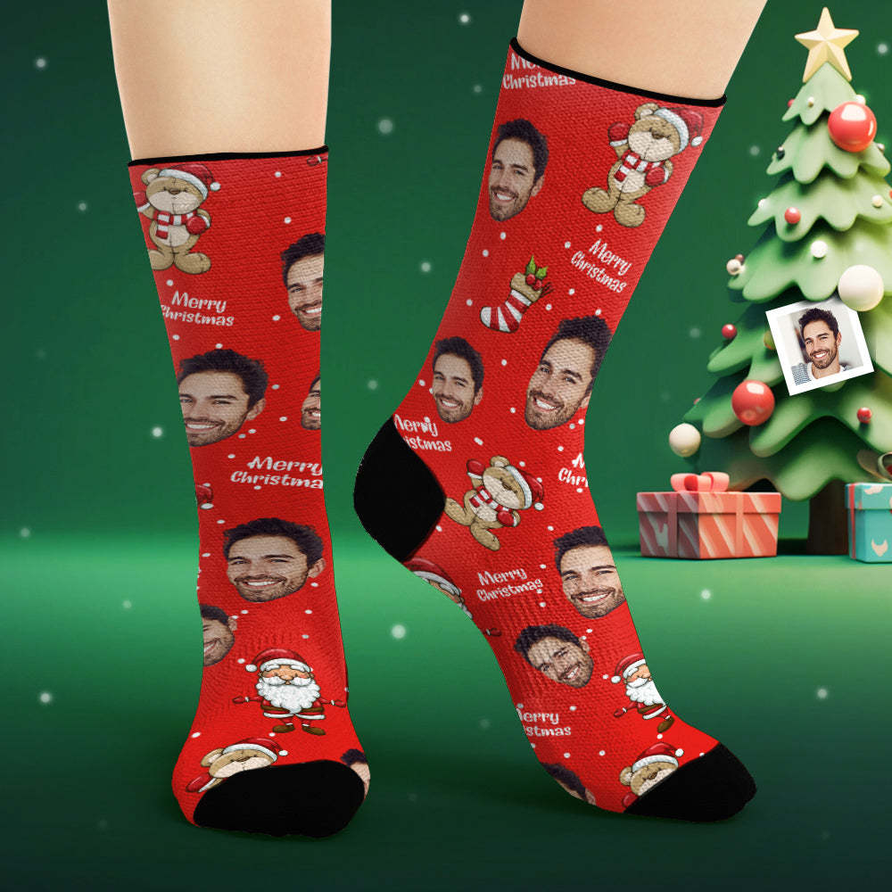 Custom Face Socks Personalised Photo Red Socks Merry Christmas - MyFaceSocksAu