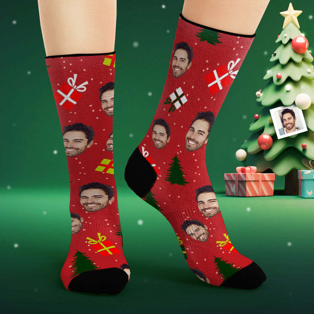Custom Face Socks Personalised Photo Red Socks Christmas Tree and Gifts - MyFaceSocksAu