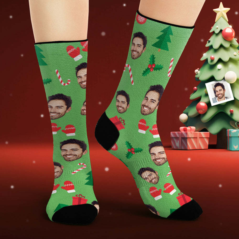 Custom Face Socks Personalised Photo Green Socks Christmas Gingerbread Man - MyFaceSocksAu