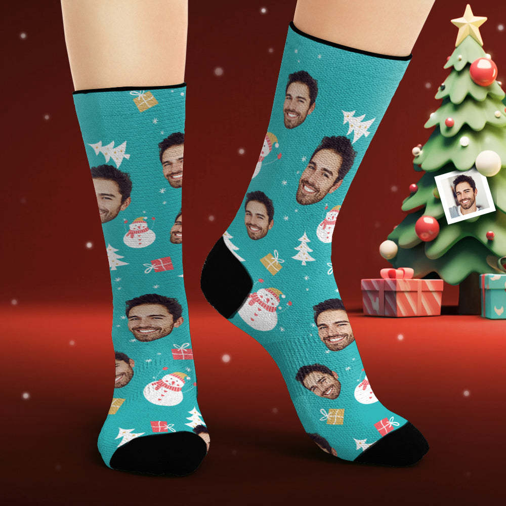 Custom Face Socks Personalised Photo Blue Socks Snowman Merry Christmas - MyFaceSocksAu