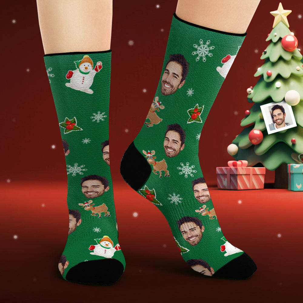 Custom Face Socks Personalised Photo Green Socks Cute Christmas Elements Christmas Gifts - MyFaceSocksAu
