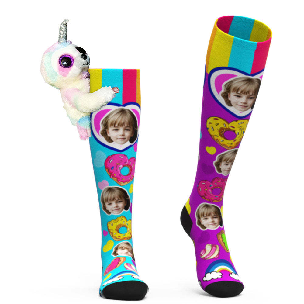 Custom Socks Knee High Face Socks Sloth Doll Colorful Donut Socks - MyFaceSocksAu