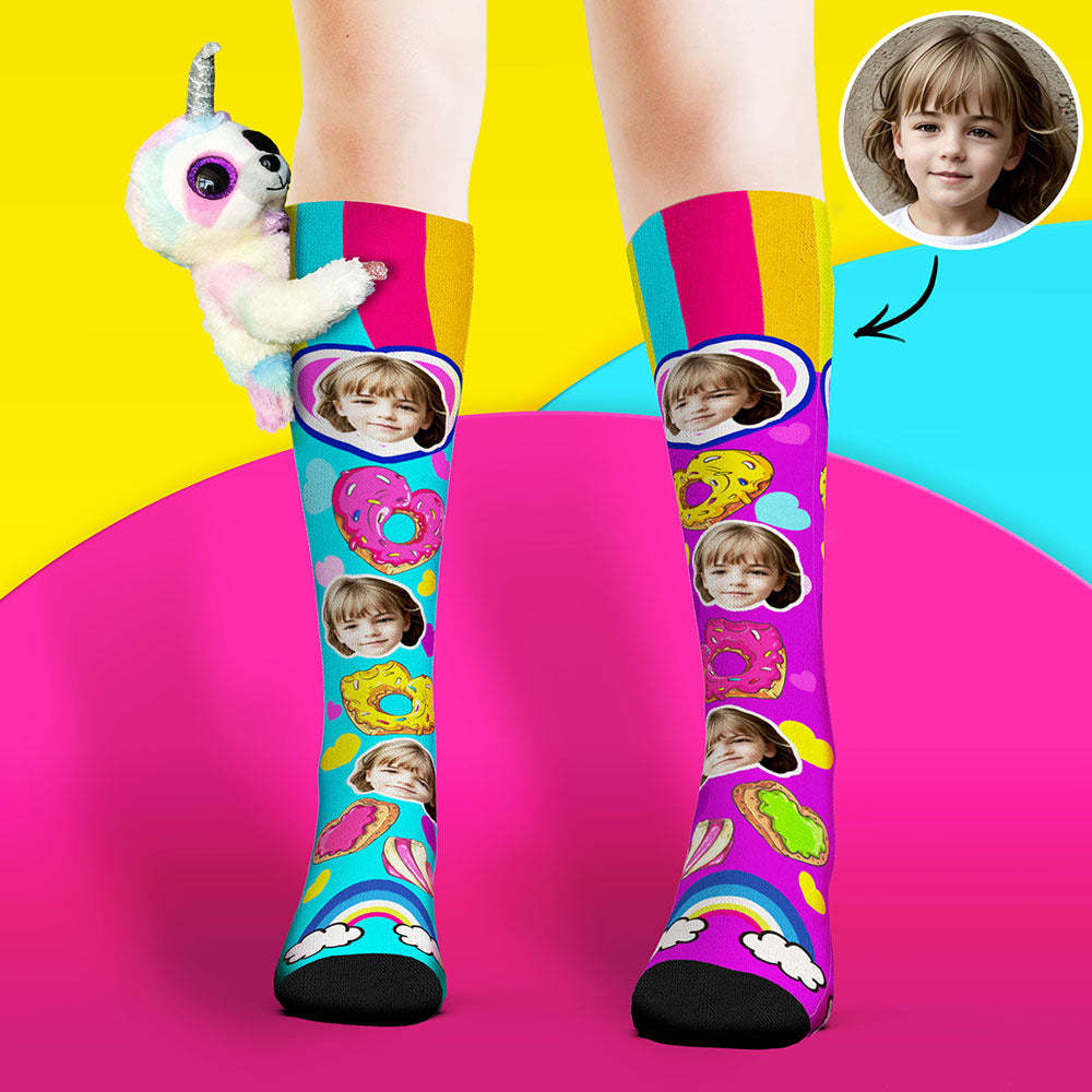 Custom Socks Knee High Face Socks Sloth Doll Colorful Donut Socks - MyFaceSocksAu