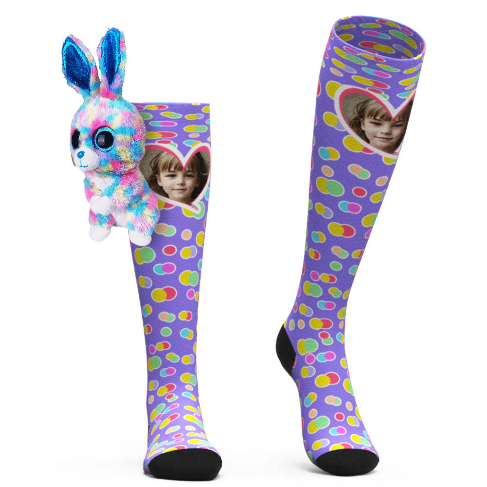 Custom Socks Knee High Face Socks Rabbit Doll Colorful Polka Dot Socks - MyFaceSocksAu