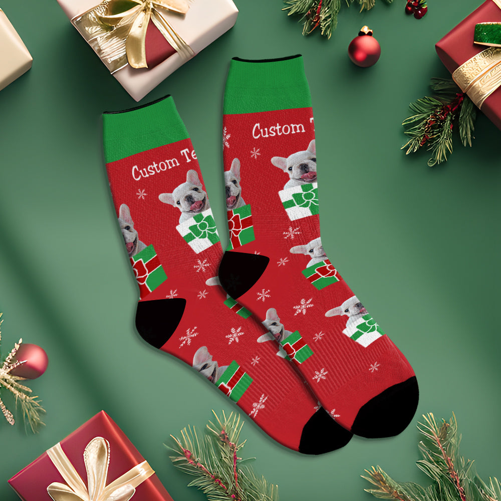 Custom Christmas Red Breathable Face Socks Personalised Dog Photo Soft Socks Gifts For Pet Lover