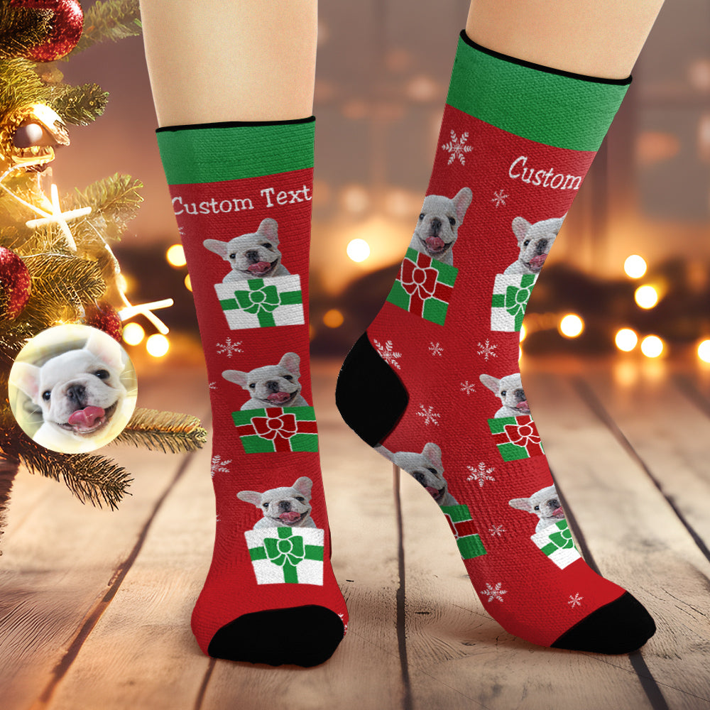 Custom Christmas Red Breathable Face Socks Personalised Dog Photo Soft Socks Gifts For Pet Lover