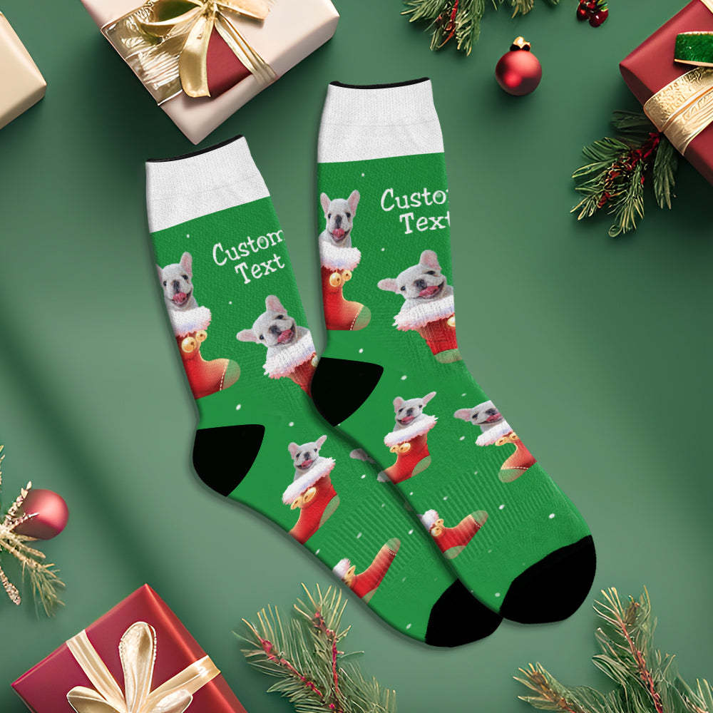 Custom Christmas Green Breathable Face Socks Personalised Dog Photo Soft Socks Gifts For Pet Lover - MyFaceSocksAu
