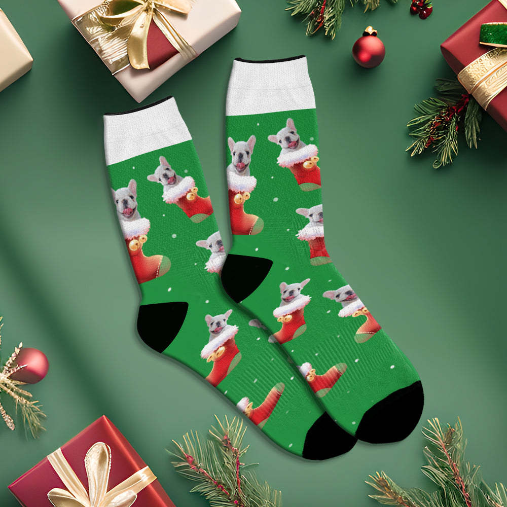 Custom Christmas Green Breathable Face Socks Personalised Dog Photo Soft Socks Gifts For Pet Lover - MyFaceSocksAu