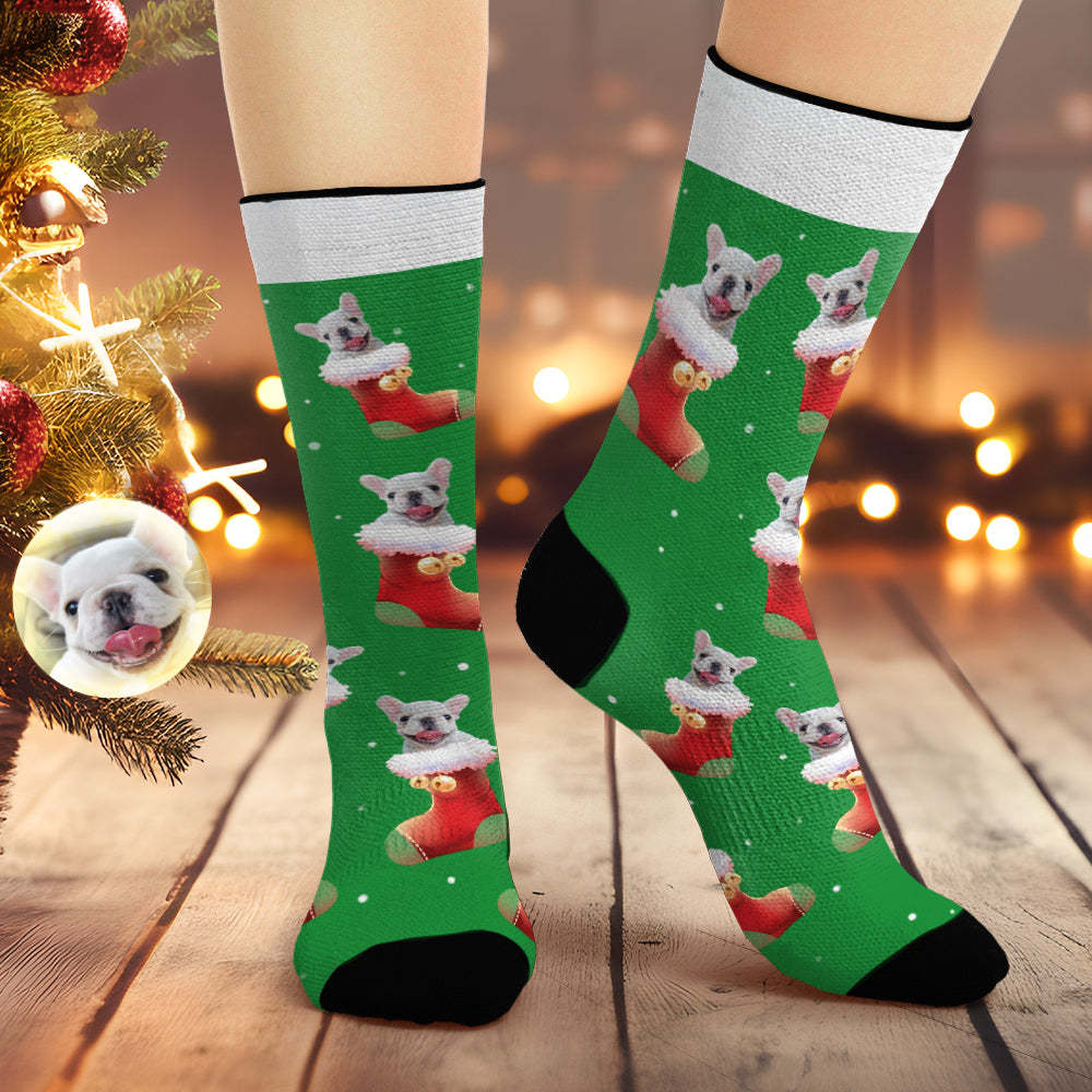 Custom Christmas Green Breathable Face Socks Personalised Dog Photo Soft Socks Gifts For Pet Lover - MyFaceSocksAu