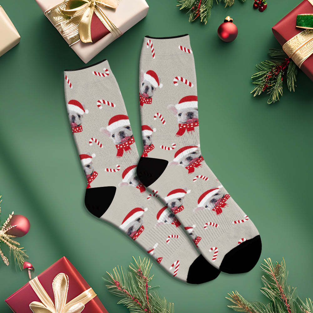 Custom Christmas Grey Breathable Face Socks Personalised Dog Photo Soft Socks Gifts For Pet Lover - MyFaceSocksAu